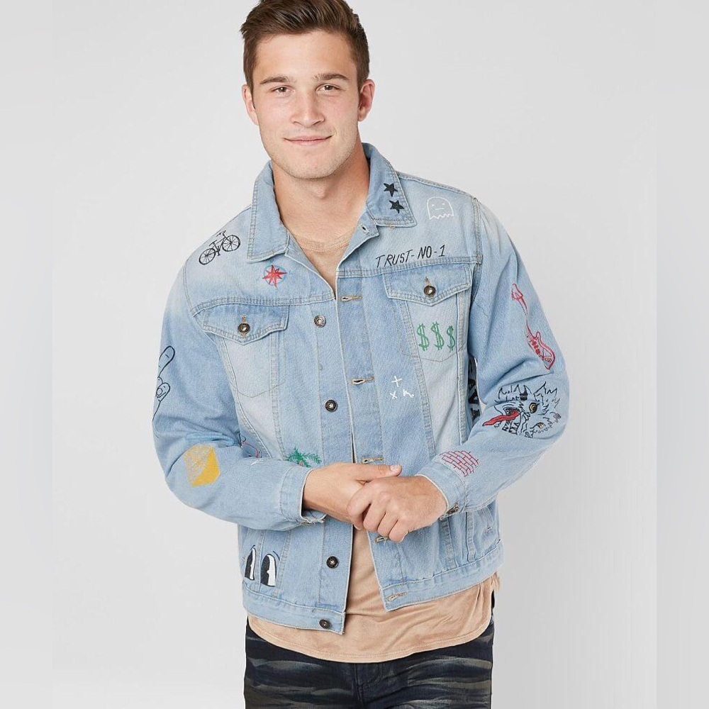 Brooklyn Cloth Men's‎ Blue Doodle Graffiti Street Skater Denim Jean Jacket M L